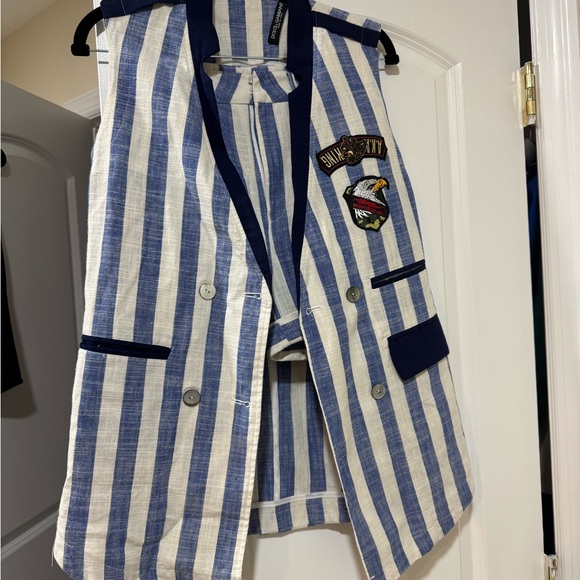 Blue and White Striped Linen Vest and Shorts Set with Patches and belt - Picture 1 of 7